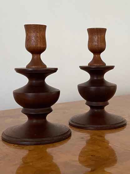 Modernist Signed Turned Wood Candle Holders, 1978