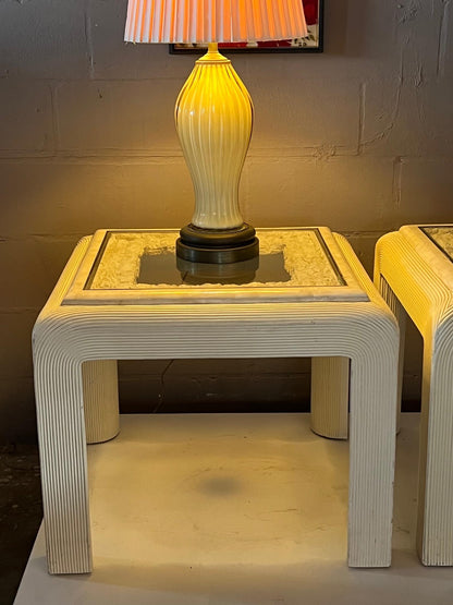 Pair of Post Modern Reed Tables Unusual Stone and Brass Tops