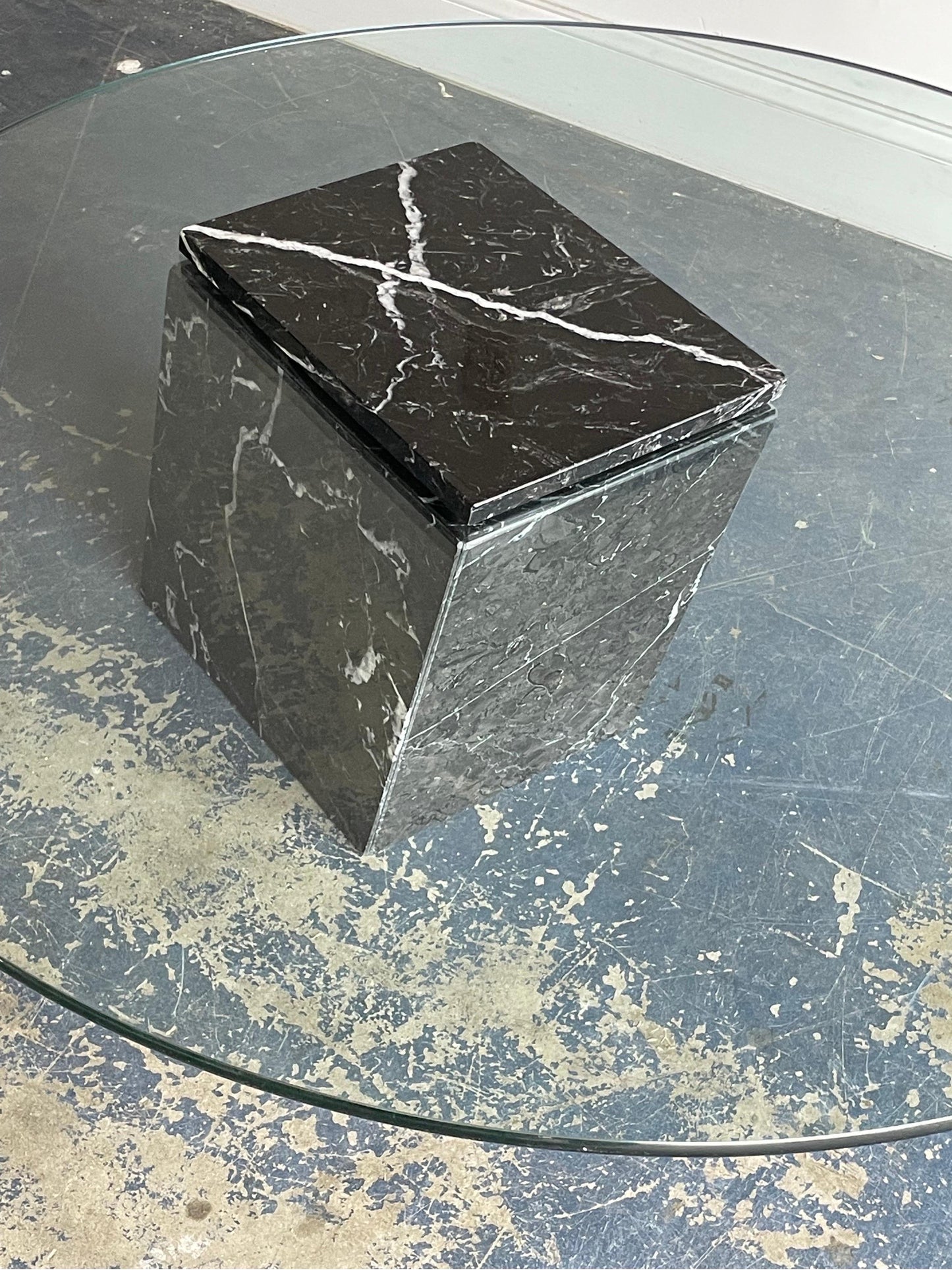 Postmodern Black Marble and Glass Cantilvered Coffee Table