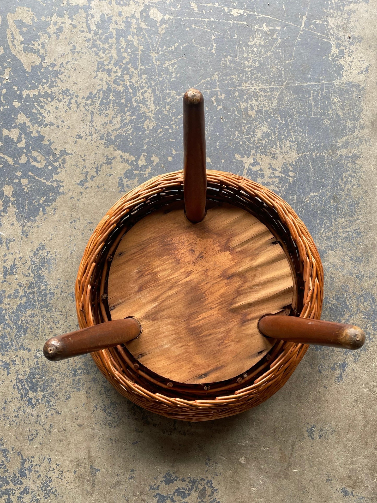 Tony Paul Attributed Tripod Stool or table, Rattan and Wood