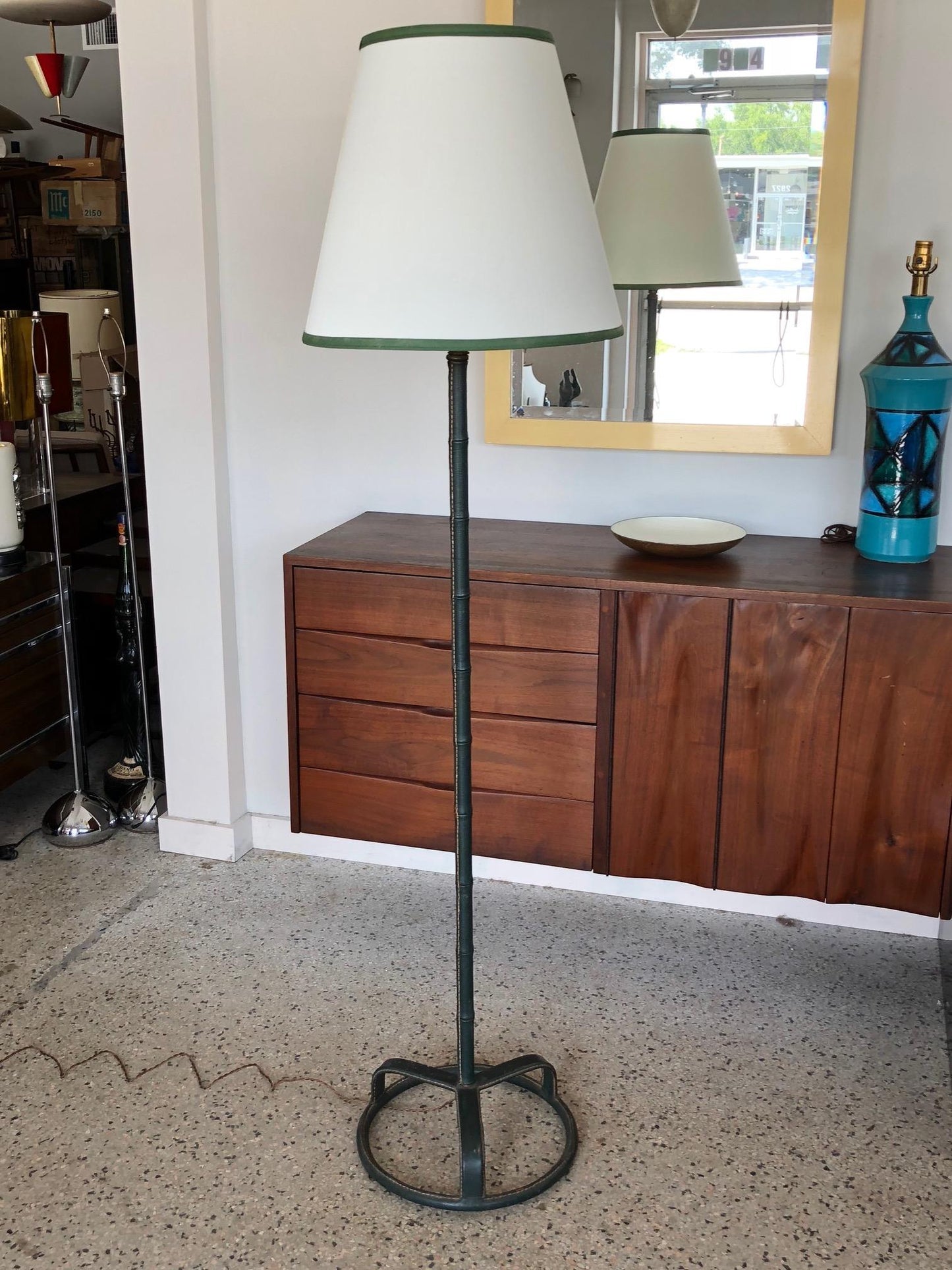 A Jacques Adnet Floorlamp in Original Green Leather