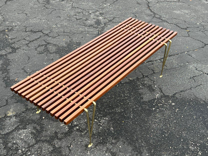 A Classic Hugh Acton Slat Bench With Solid Brass Legs ca' 1950's