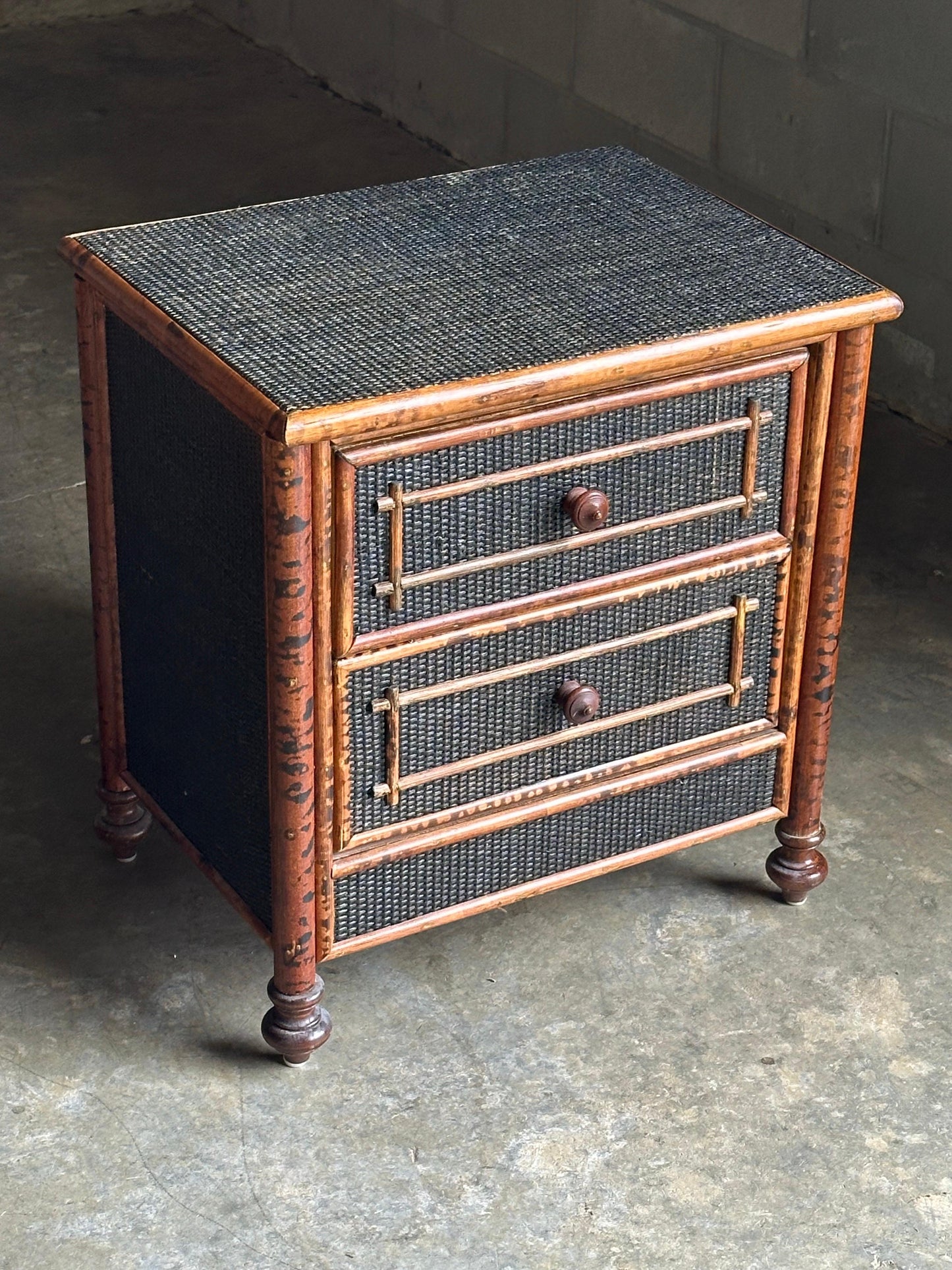 Frisman Vintage Vintage British Colonial Style Burnt Bamboo and Cane Nightstand