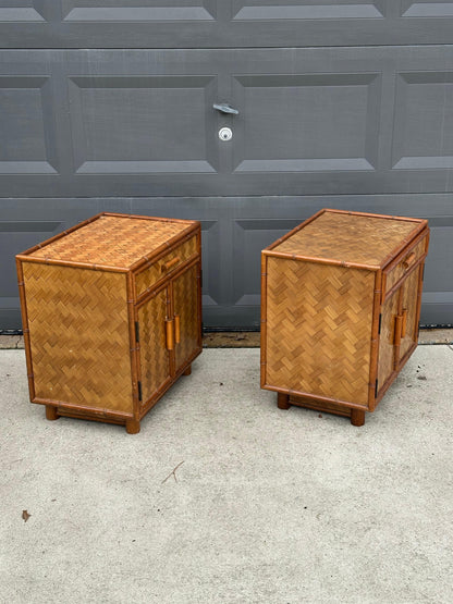Frisman Vintage Faux Bamboo and Herringbone Cane Nightstands