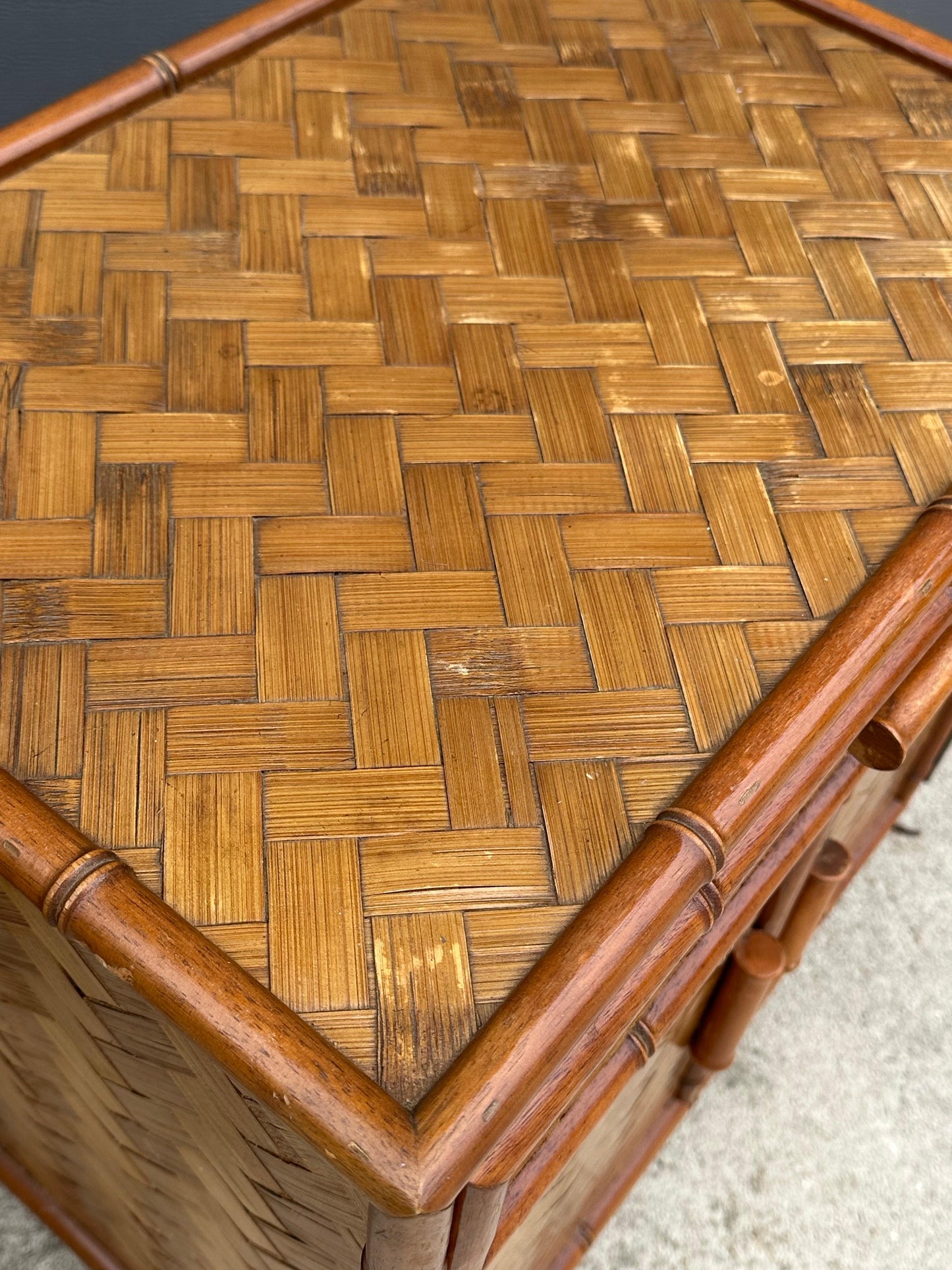 Frisman Vintage Faux Bamboo and Herringbone Cane Nightstands