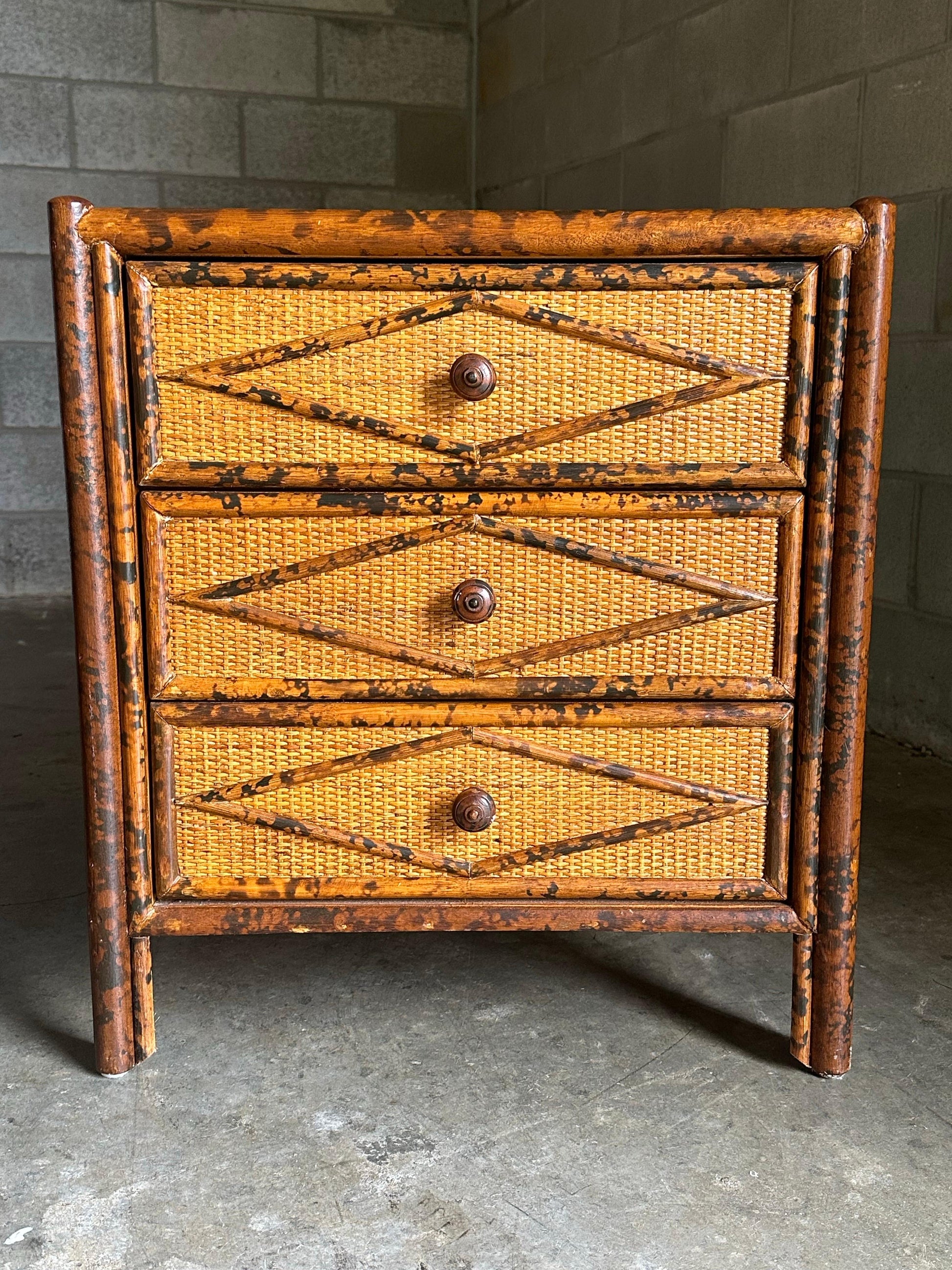 Frisman Vintage 1980s Vintage British Colonial Style Burnt Bamboo and Cane Nightstands- A Pair