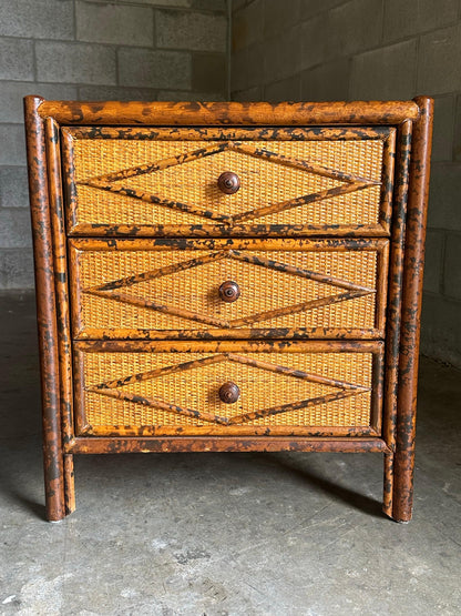 Frisman Vintage 1980s Vintage British Colonial Style Burnt Bamboo and Cane Nightstands- A Pair