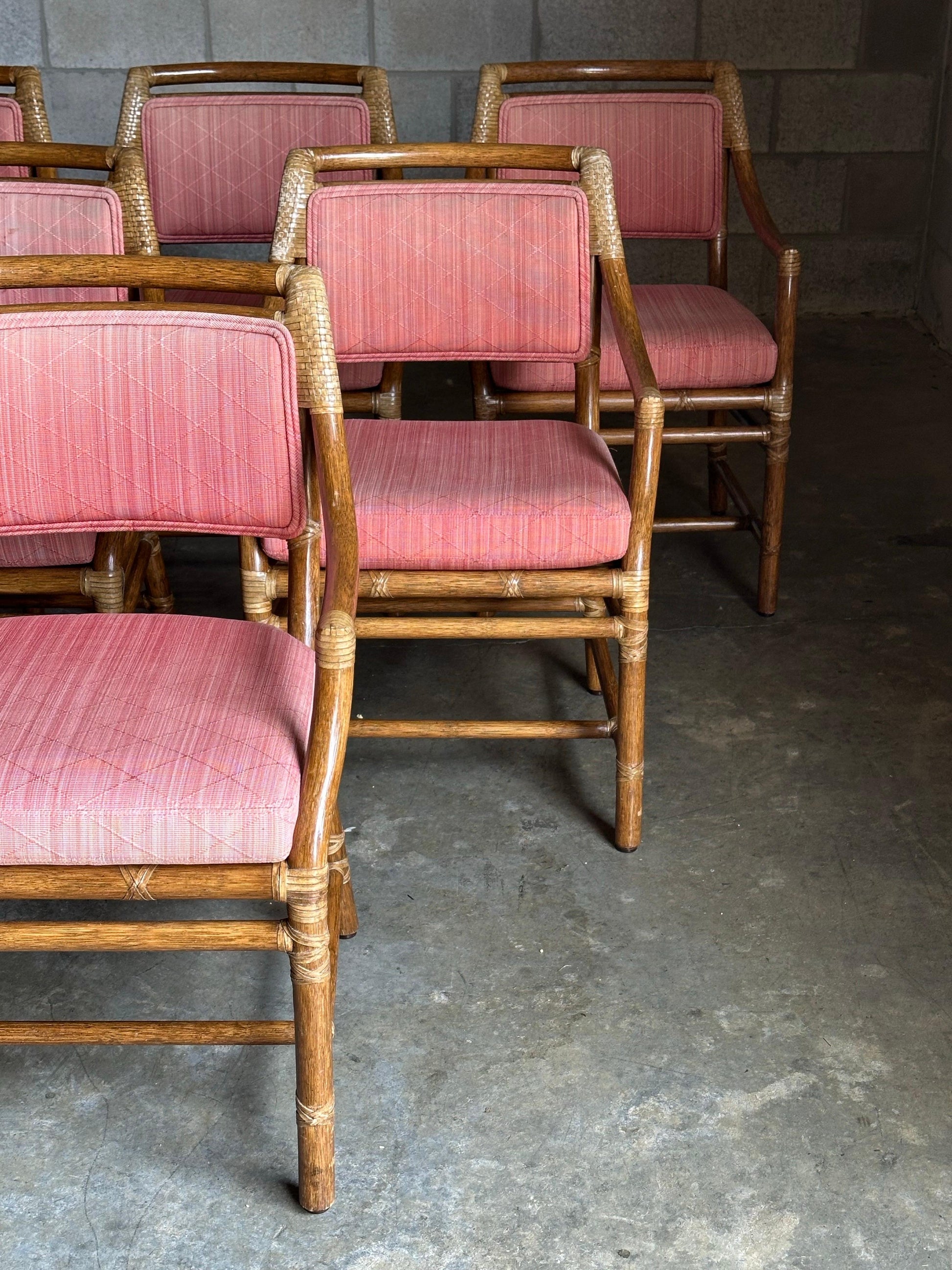 Frisman Vintage 1980s McGuire All Arm Organic Modern Rattan and Leather Dining Chairs- Set of 6
