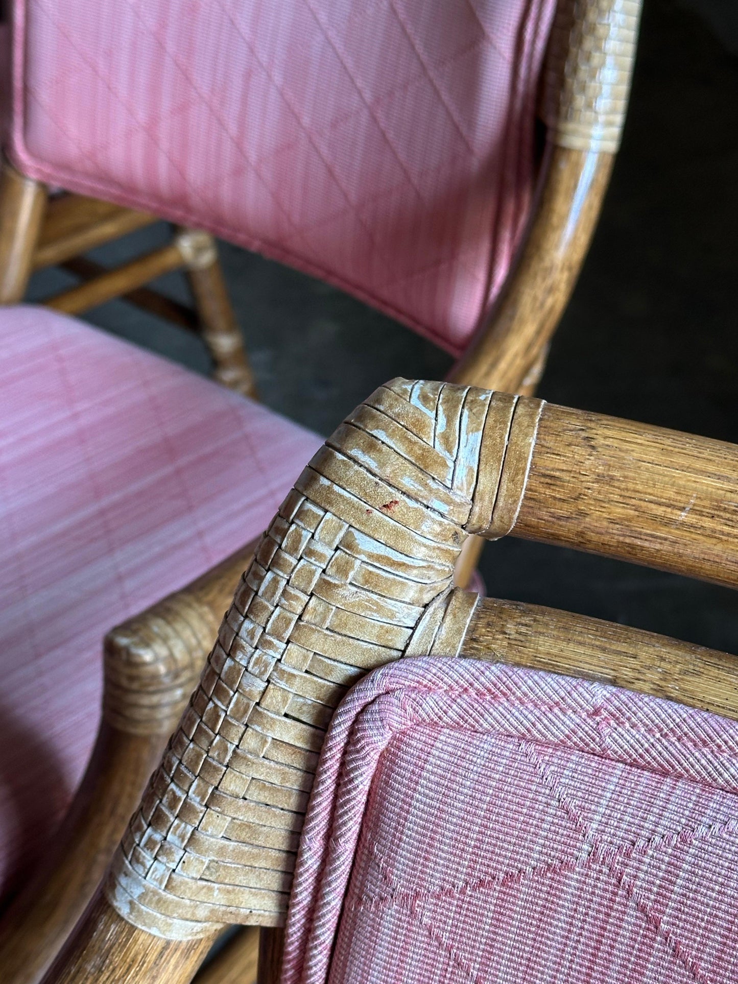 Frisman Vintage 1980s McGuire All Arm Organic Modern Rattan and Leather Dining Chairs- Set of 6