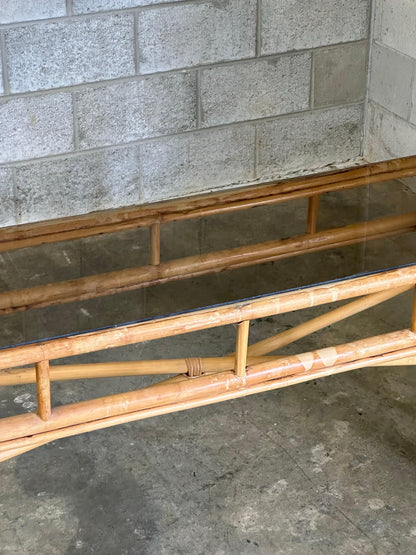 Frisman Vintage Vintage Coastal Bamboo, Cane, and Glass Top Console Table