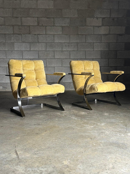 1970s American Designer Chrome Cantilevered Chairs After Milo Baughman