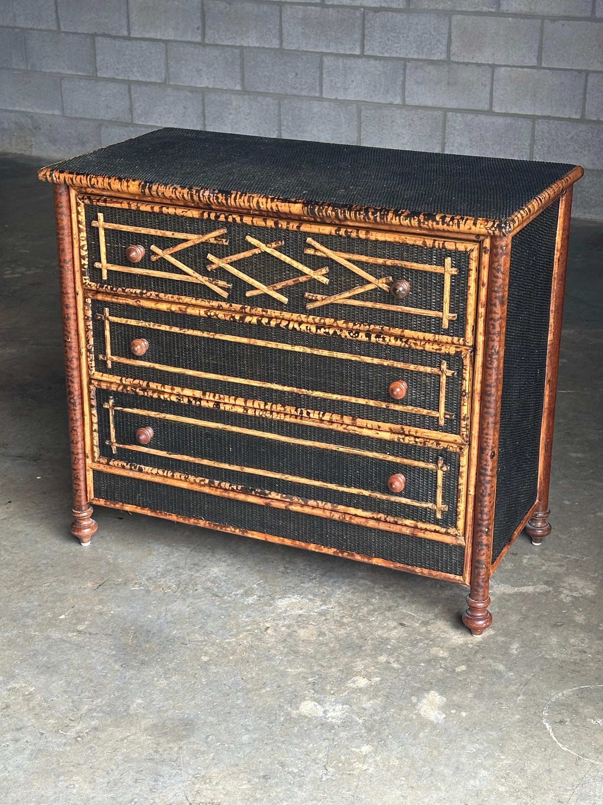 Frisman Vintage Vintage British Colonial Style Burnt Bamboo and Cane Dresser