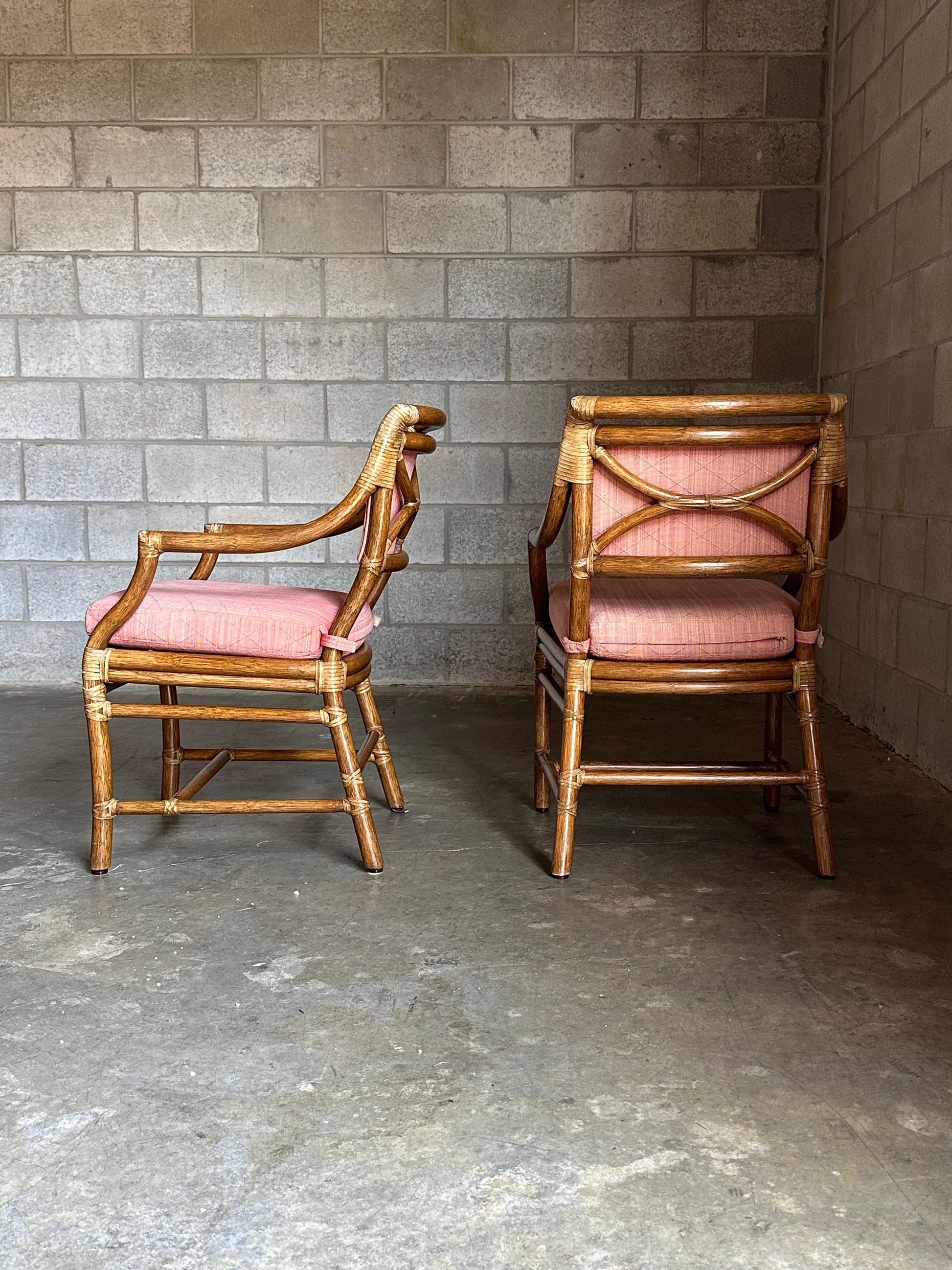 Frisman Vintage 1980s McGuire All Arm Organic Modern Rattan and Leather Dining Chairs- Set of 6