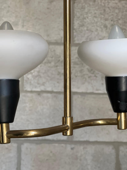 Frisman Vintage 1950s Brass, Metal, and Opaline Glass Hanging Ceiling Light, Sweden