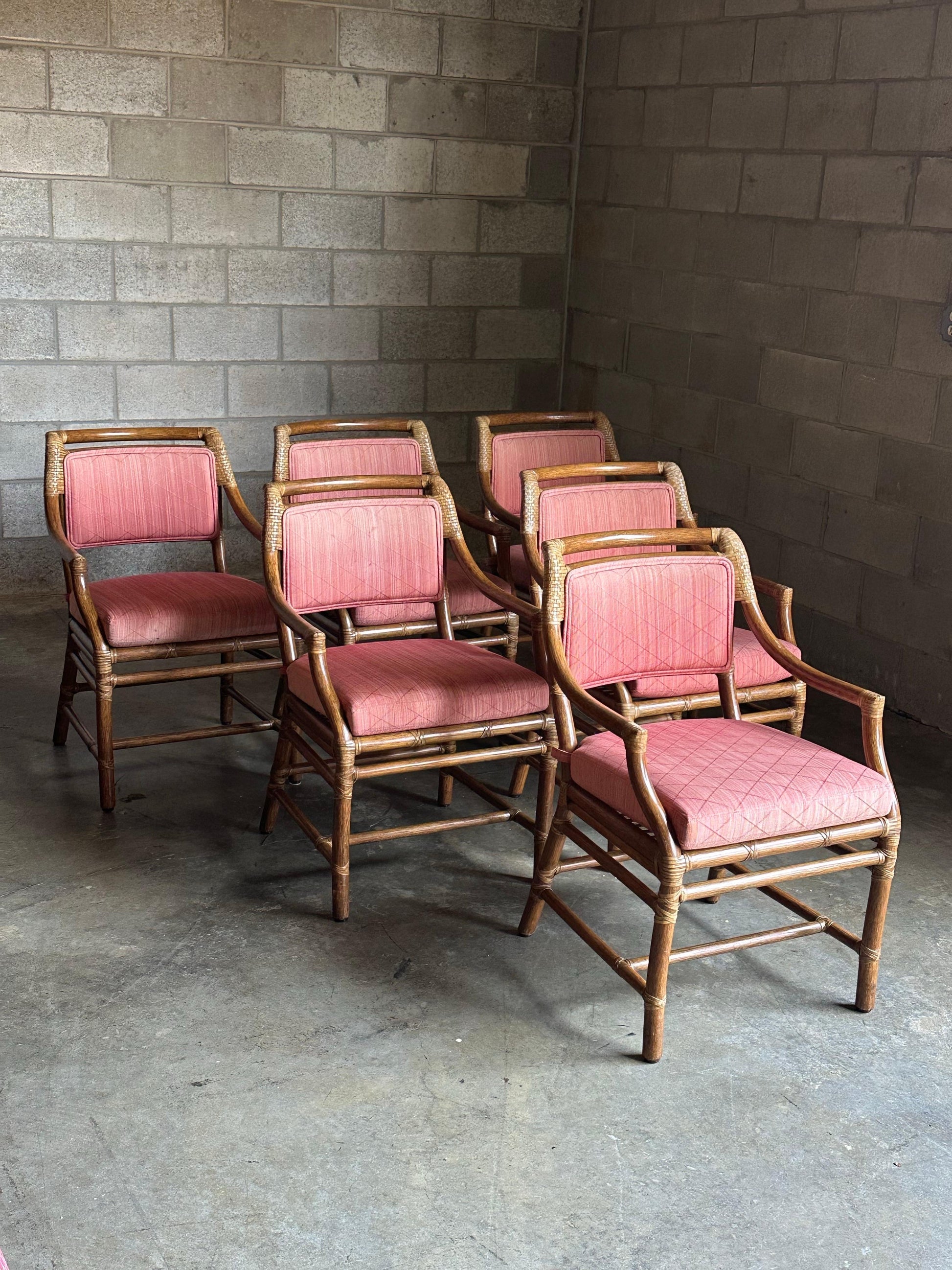 Frisman Vintage 1980s McGuire All Arm Organic Modern Rattan and Leather Dining Chairs- Set of 6