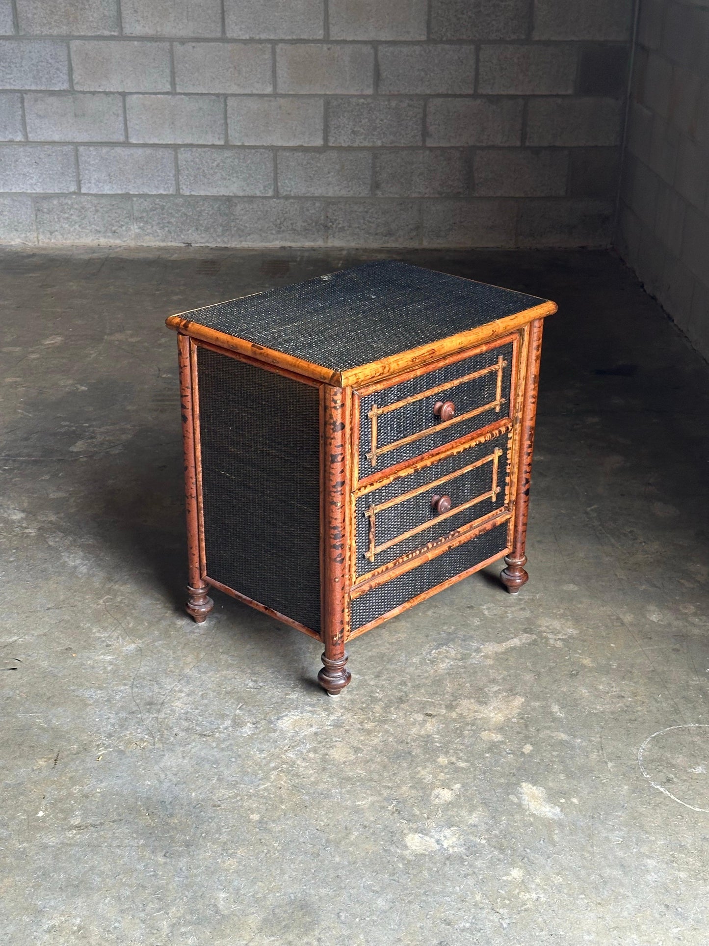 Frisman Vintage Vintage British Colonial Style Burnt Bamboo and Cane Nightstand