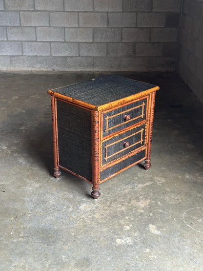 Frisman Vintage Vintage British Colonial Style Burnt Bamboo and Cane Nightstand