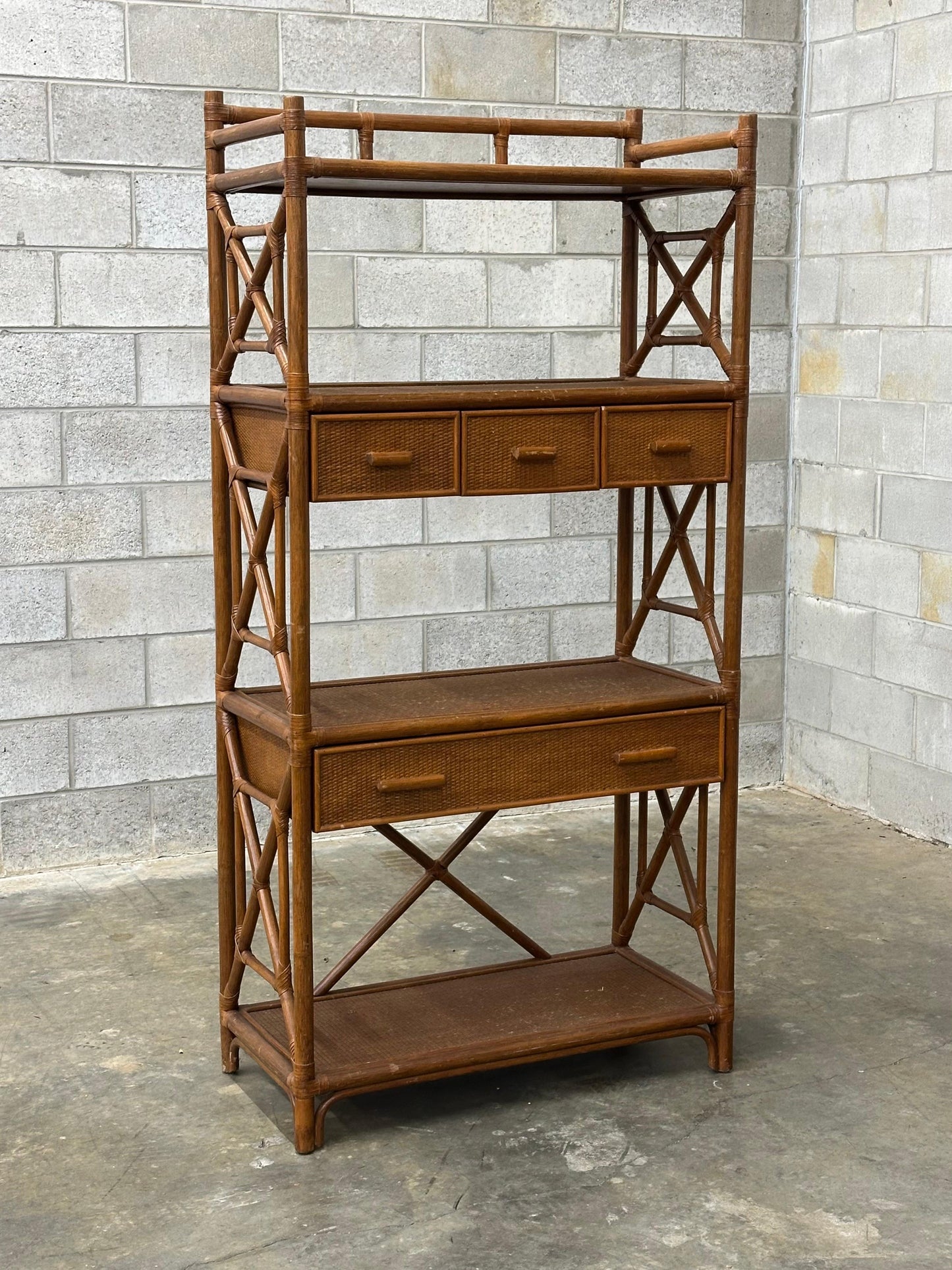 Frisman Vintage British Colonial Style Bamboo, Cane, and Rattan Freestanding Shelf/ Etagere