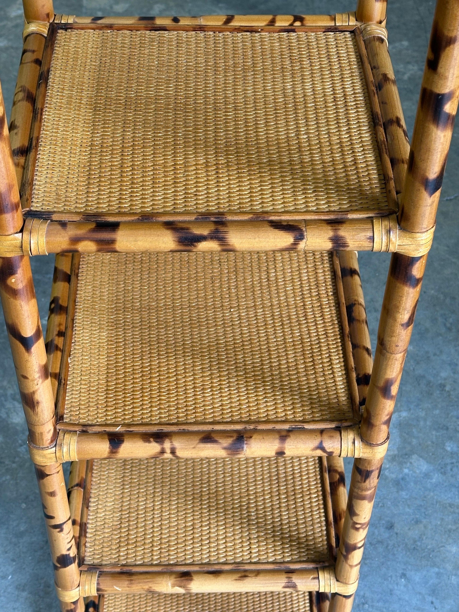 Frisman Vintage 1980s British Colonial Faux Bamboo and Cane Tall Shelf