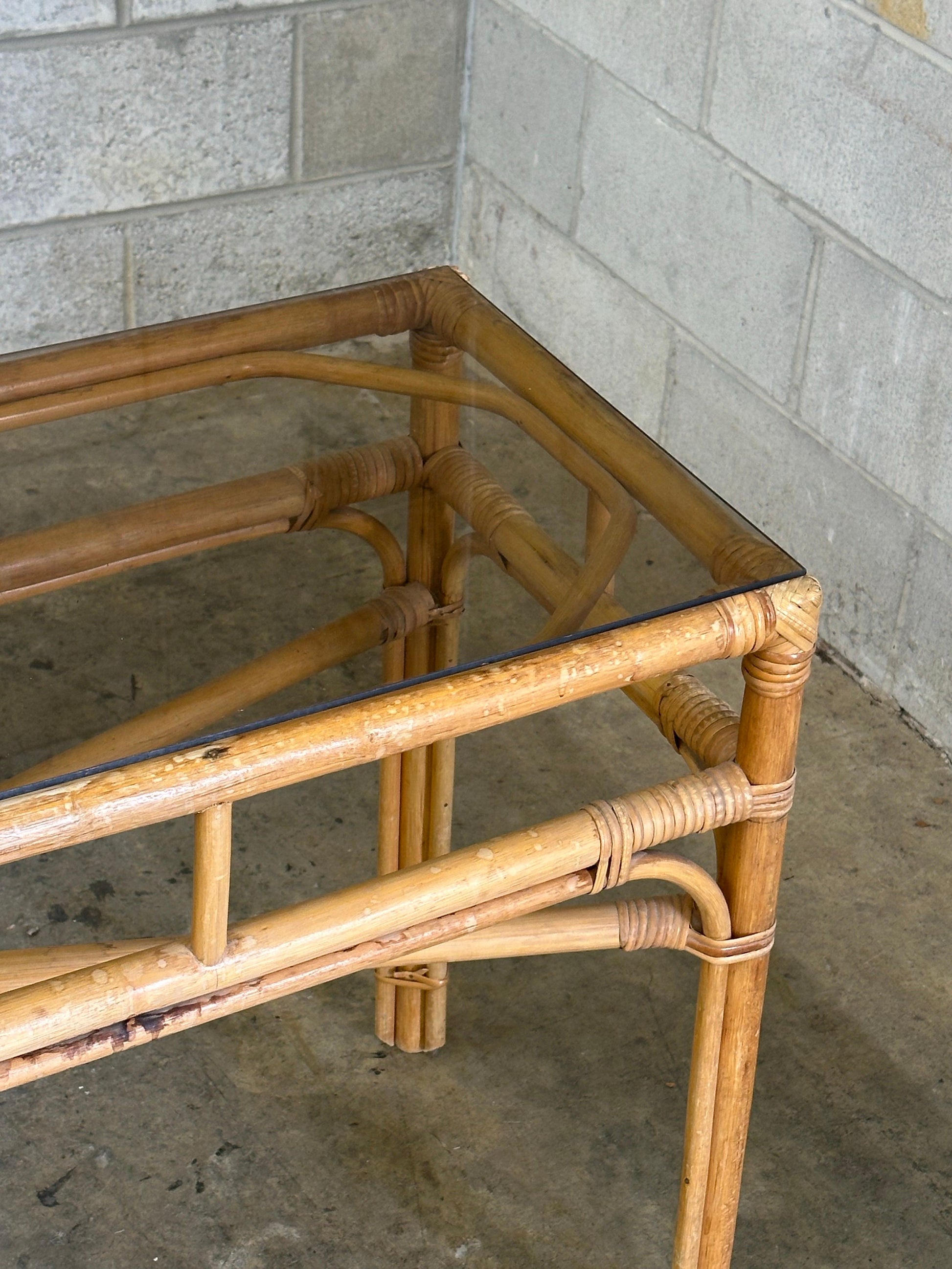 Frisman Vintage Vintage Coastal Bamboo, Cane, and Glass Top Console Table