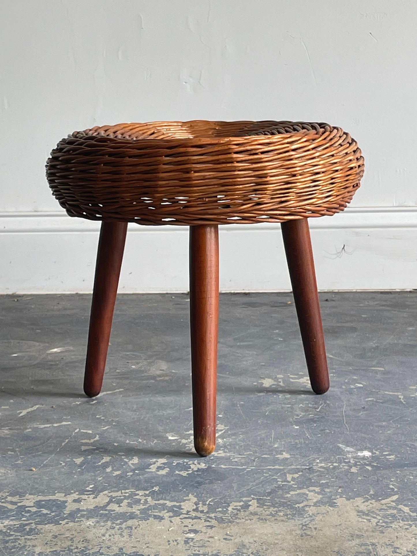 frisman vintage Tony Paul Attributed Tripod Stool or table, Rattan and Wood