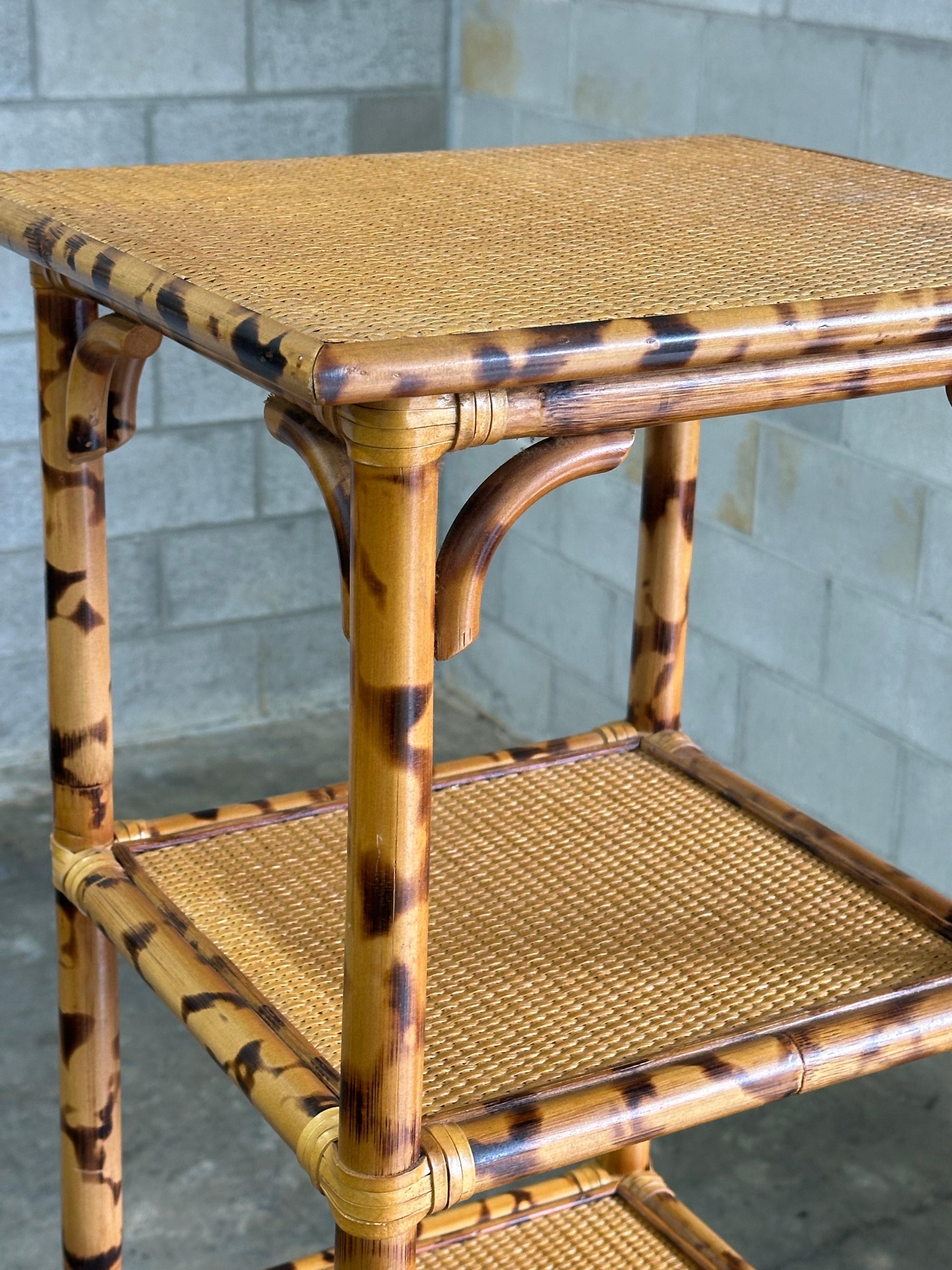 Frisman Vintage 1980s British Colonial Faux Bamboo and Cane Tall Shelf