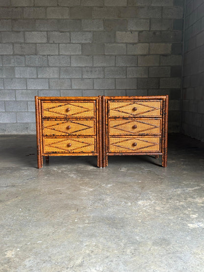 Frisman Vintage 1980s Vintage British Colonial Style Burnt Bamboo and Cane Nightstands- A Pair