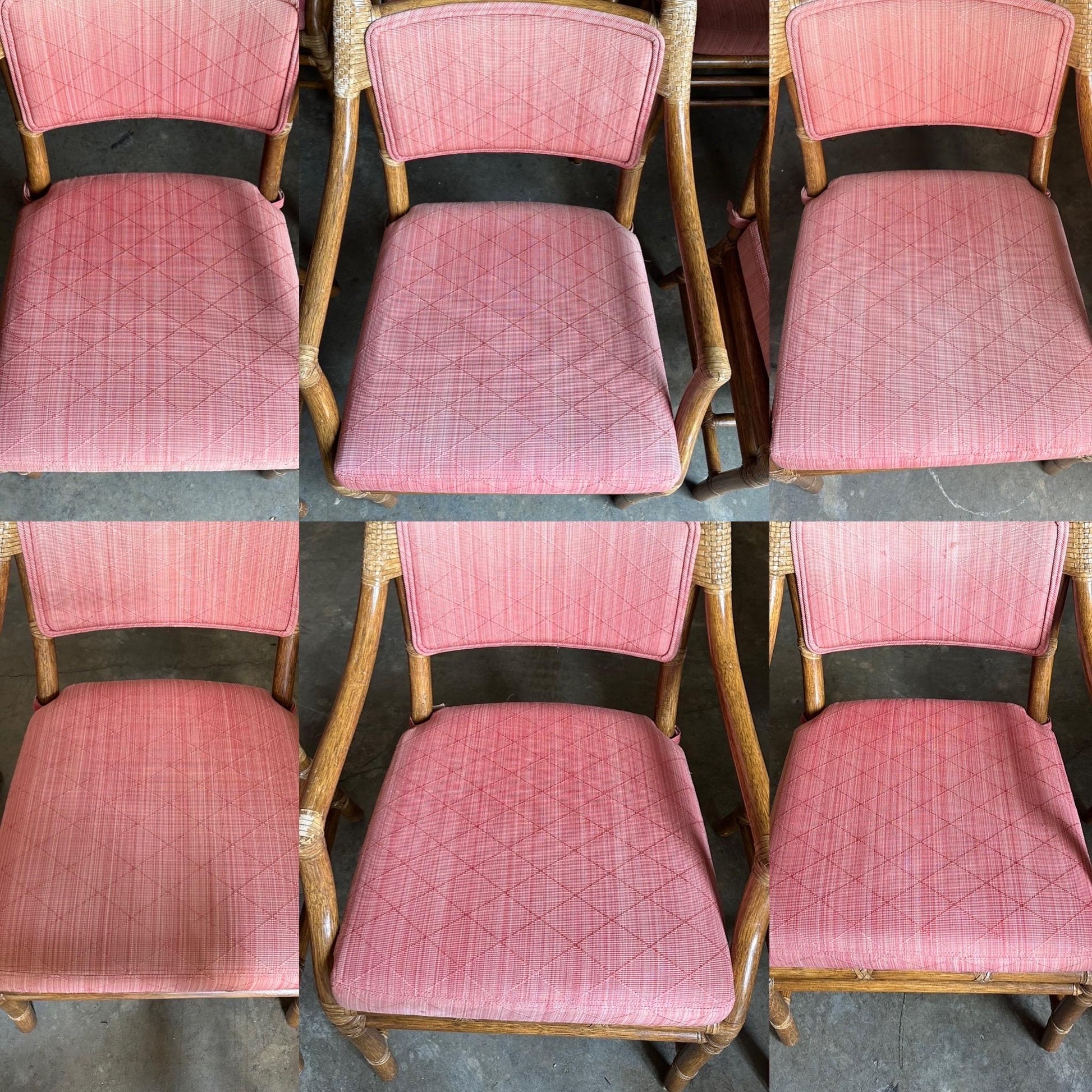 Frisman Vintage 1980s McGuire All Arm Organic Modern Rattan and Leather Dining Chairs- Set of 6