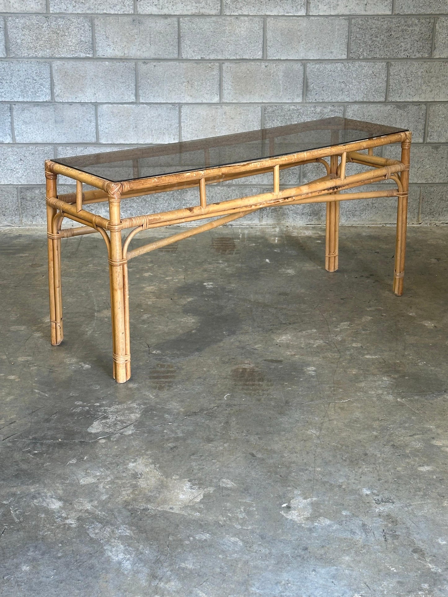 Frisman Vintage Vintage Coastal Bamboo, Cane, and Glass Top Console Table