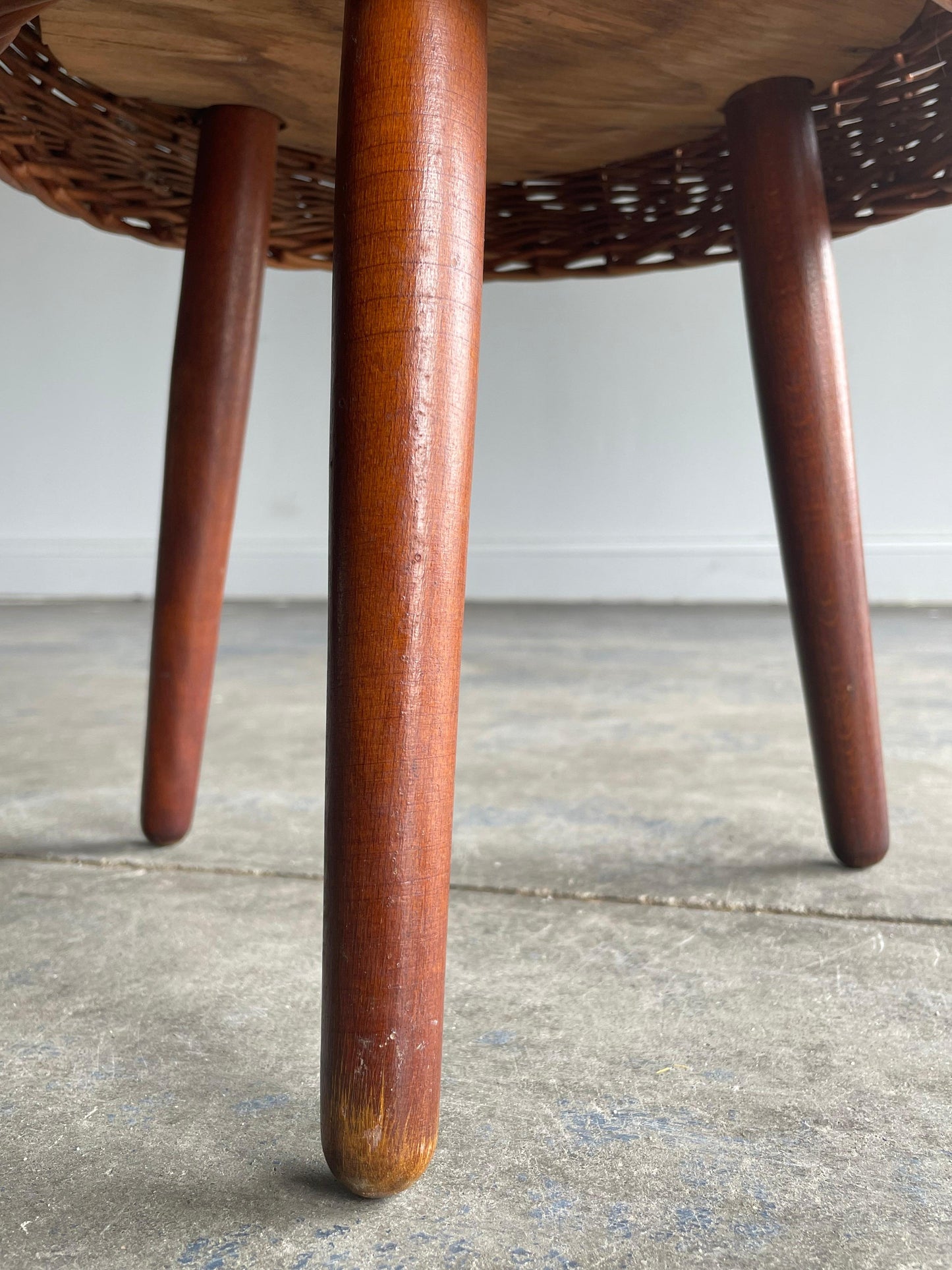 frisman vintage Tony Paul Attributed Tripod Stool or table, Rattan and Wood