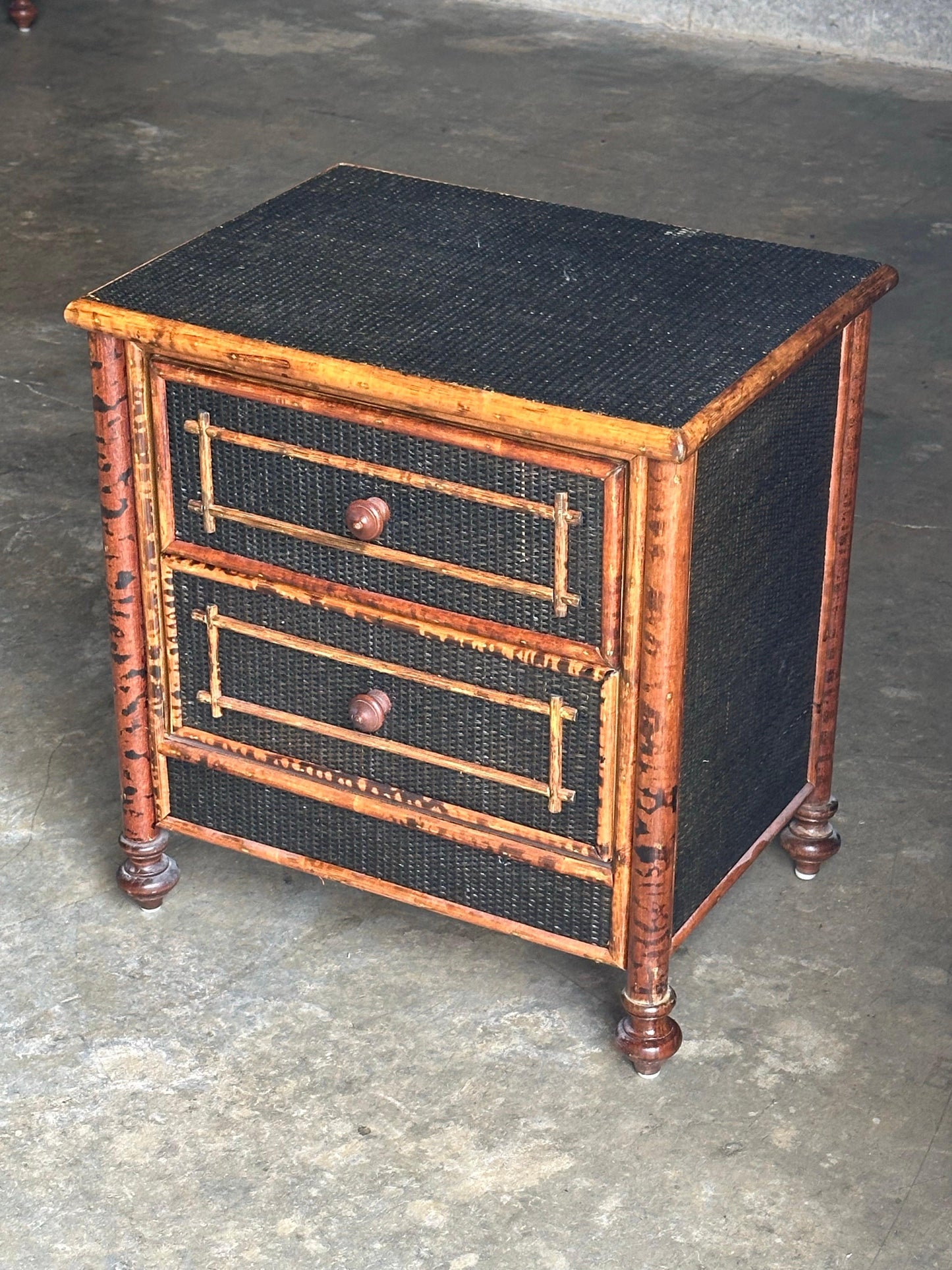 Frisman Vintage Vintage British Colonial Style Burnt Bamboo and Cane Nightstand