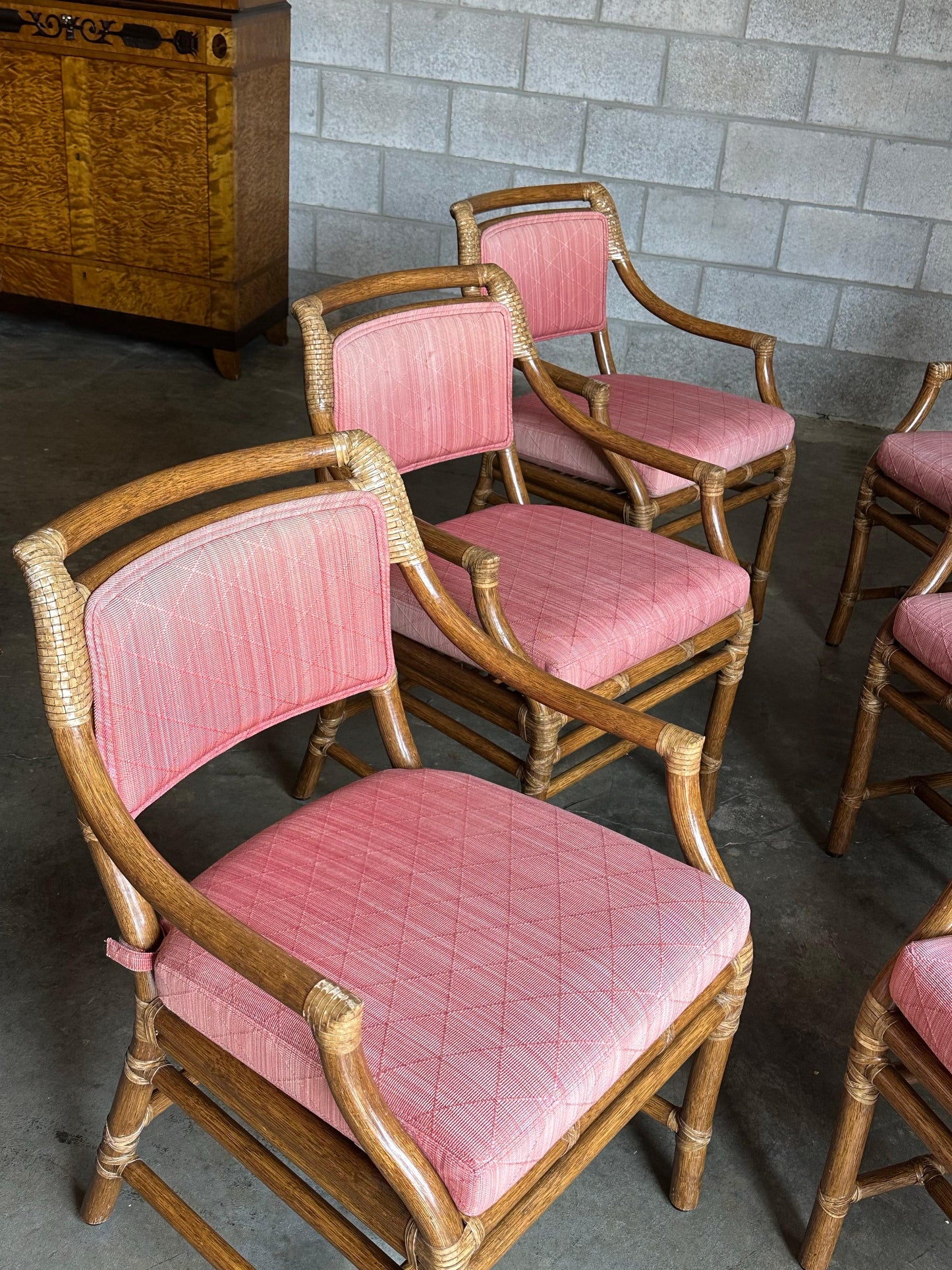 Frisman Vintage 1980s McGuire All Arm Organic Modern Rattan and Leather Dining Chairs- Set of 6