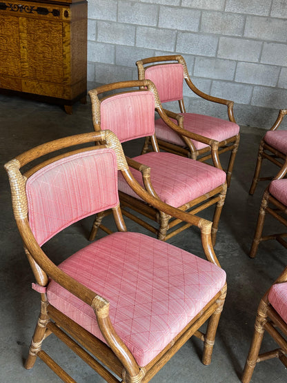 Frisman Vintage 1980s McGuire All Arm Organic Modern Rattan and Leather Dining Chairs- Set of 6