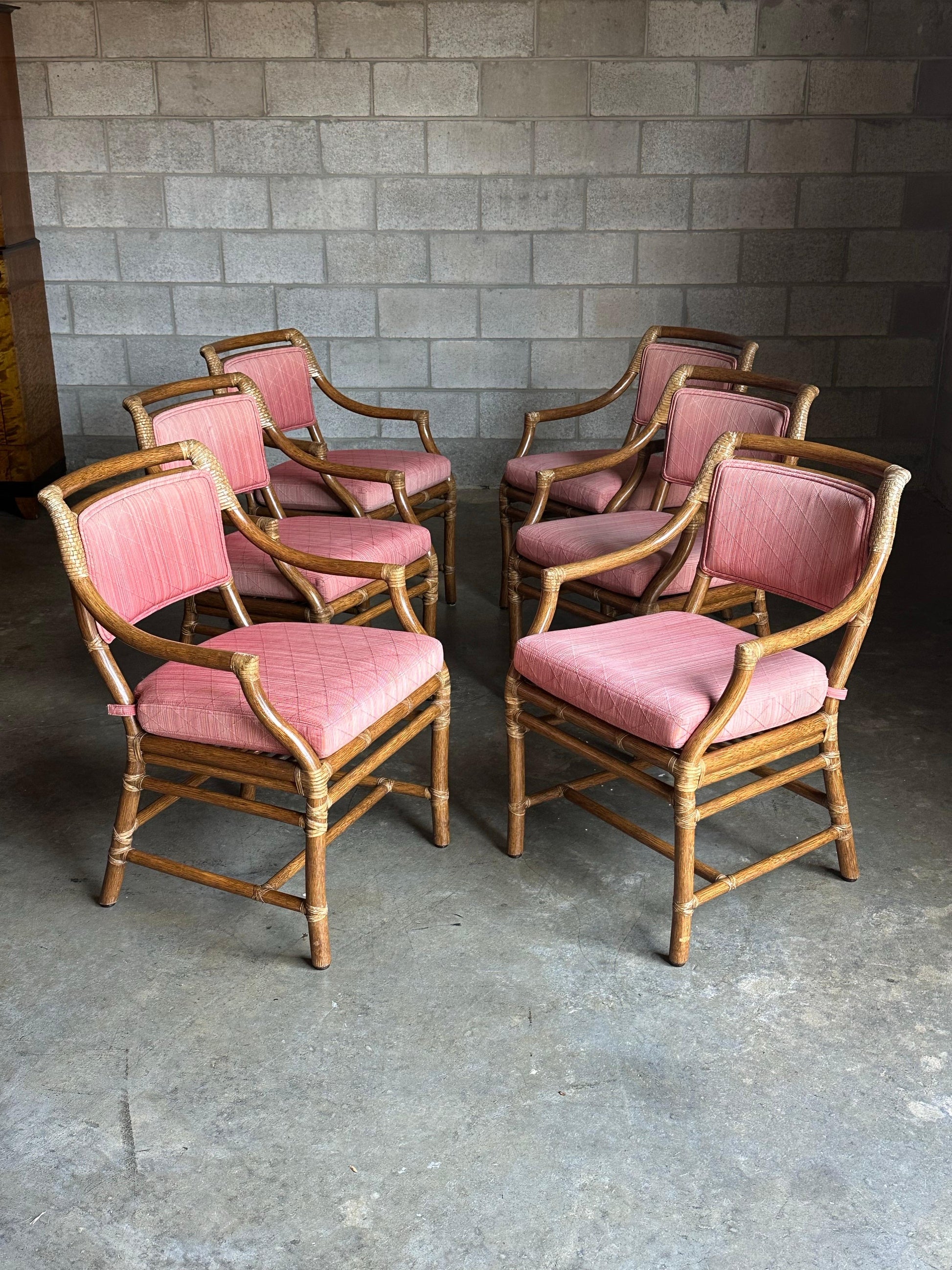 Frisman Vintage 1980s McGuire All Arm Organic Modern Rattan and Leather Dining Chairs- Set of 6