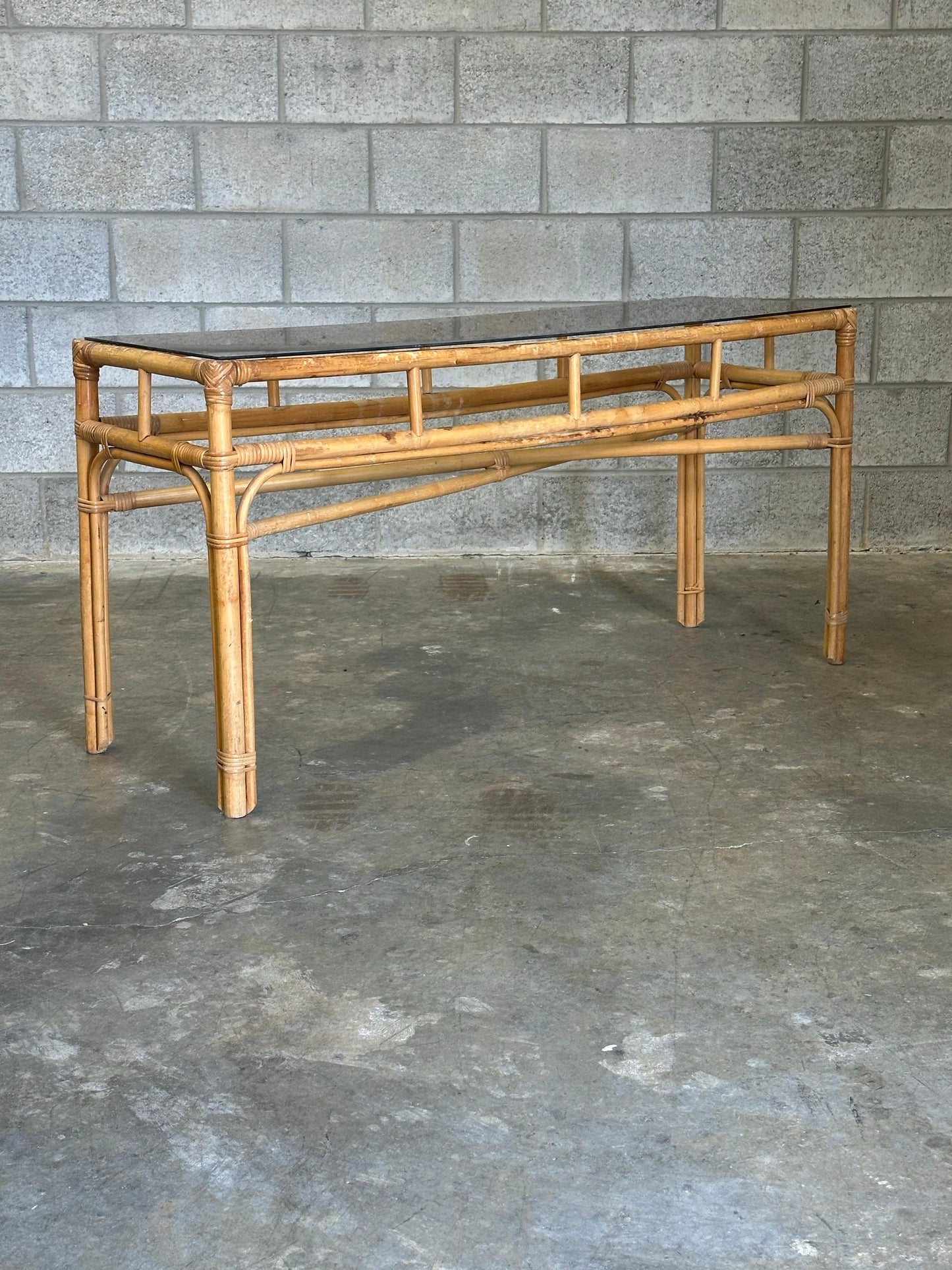 Frisman Vintage Vintage Coastal Bamboo, Cane, and Glass Top Console Table