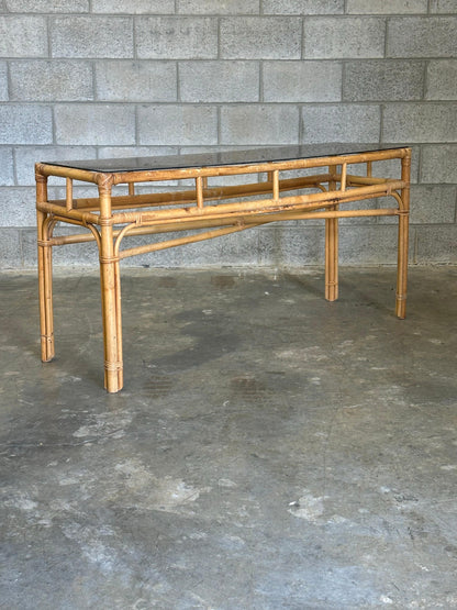 Frisman Vintage Vintage Coastal Bamboo, Cane, and Glass Top Console Table