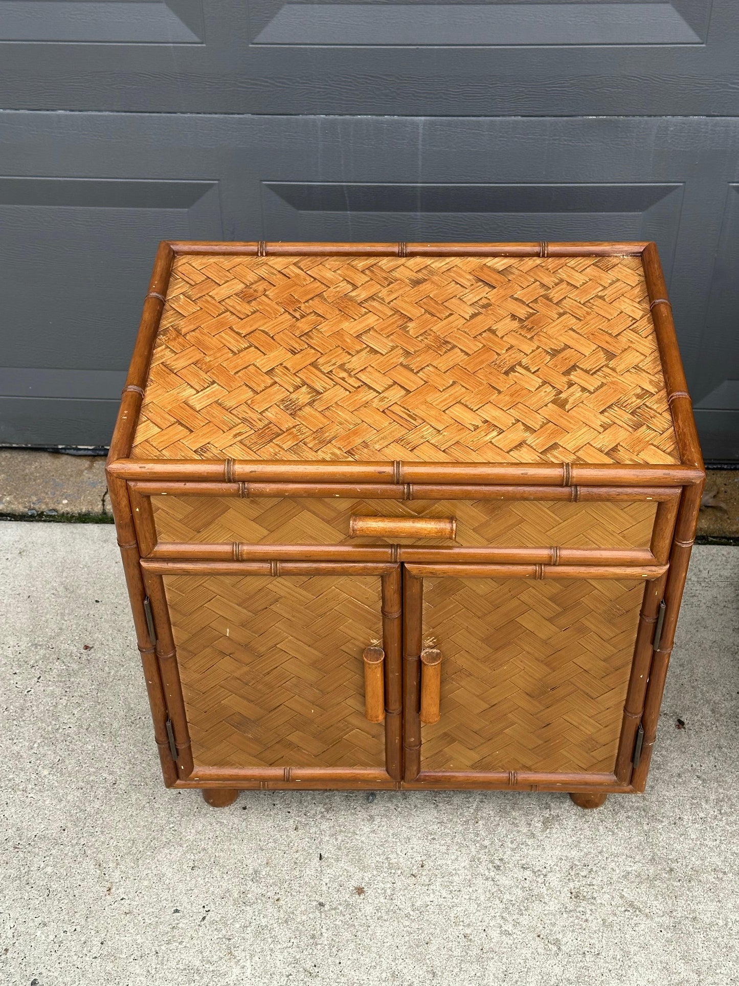Frisman Vintage Faux Bamboo and Herringbone Cane Nightstands