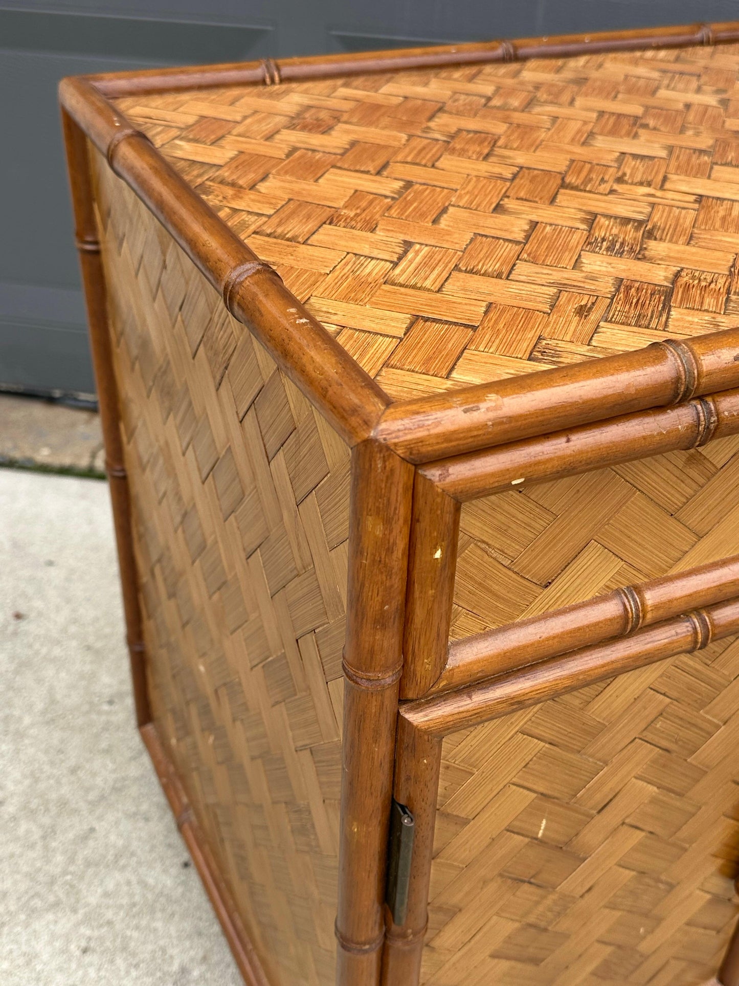Frisman Vintage Faux Bamboo and Herringbone Cane Nightstands