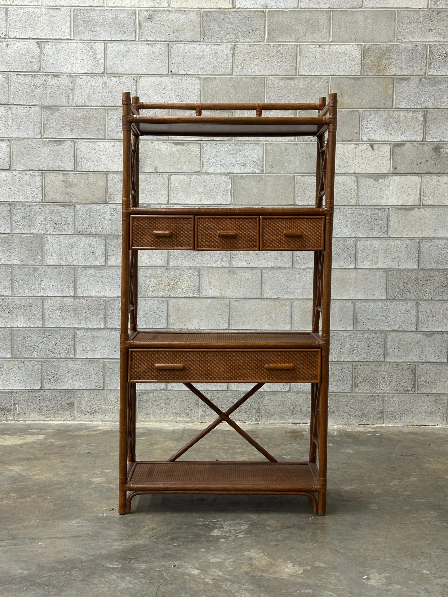 Frisman Vintage British Colonial Style Bamboo, Cane, and Rattan Freestanding Shelf/ Etagere