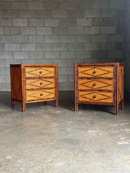 Frisman Vintage 1980s Vintage British Colonial Style Burnt Bamboo and Cane Nightstands- A Pair