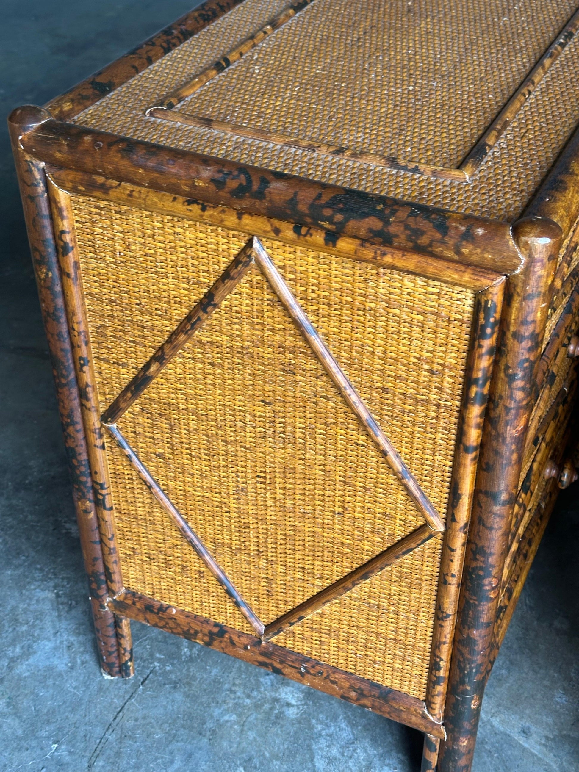 Frisman Vintage 1980s Vintage British Colonial Style Burnt Bamboo and Cane Nightstands- A Pair