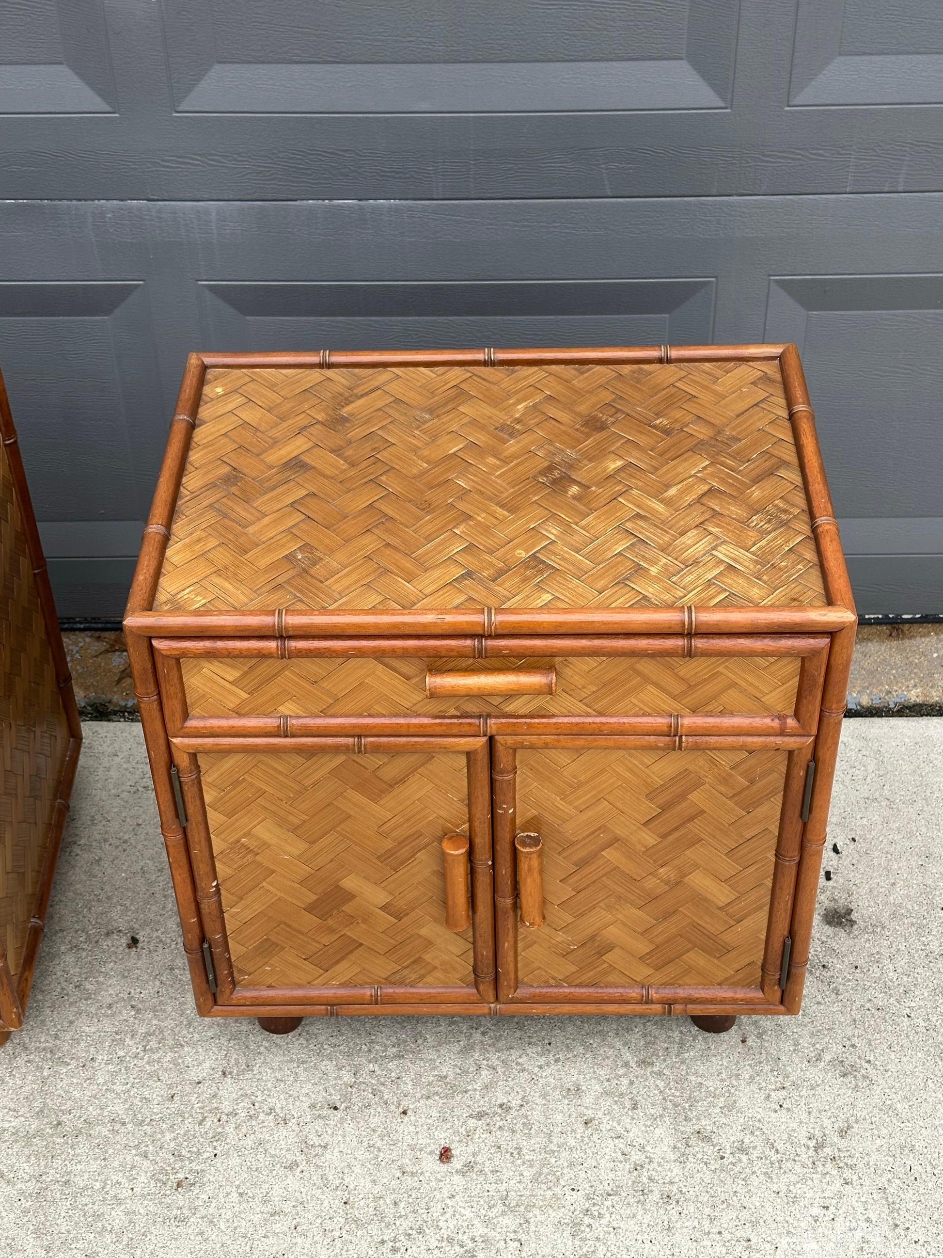 Frisman Vintage Faux Bamboo and Herringbone Cane Nightstands