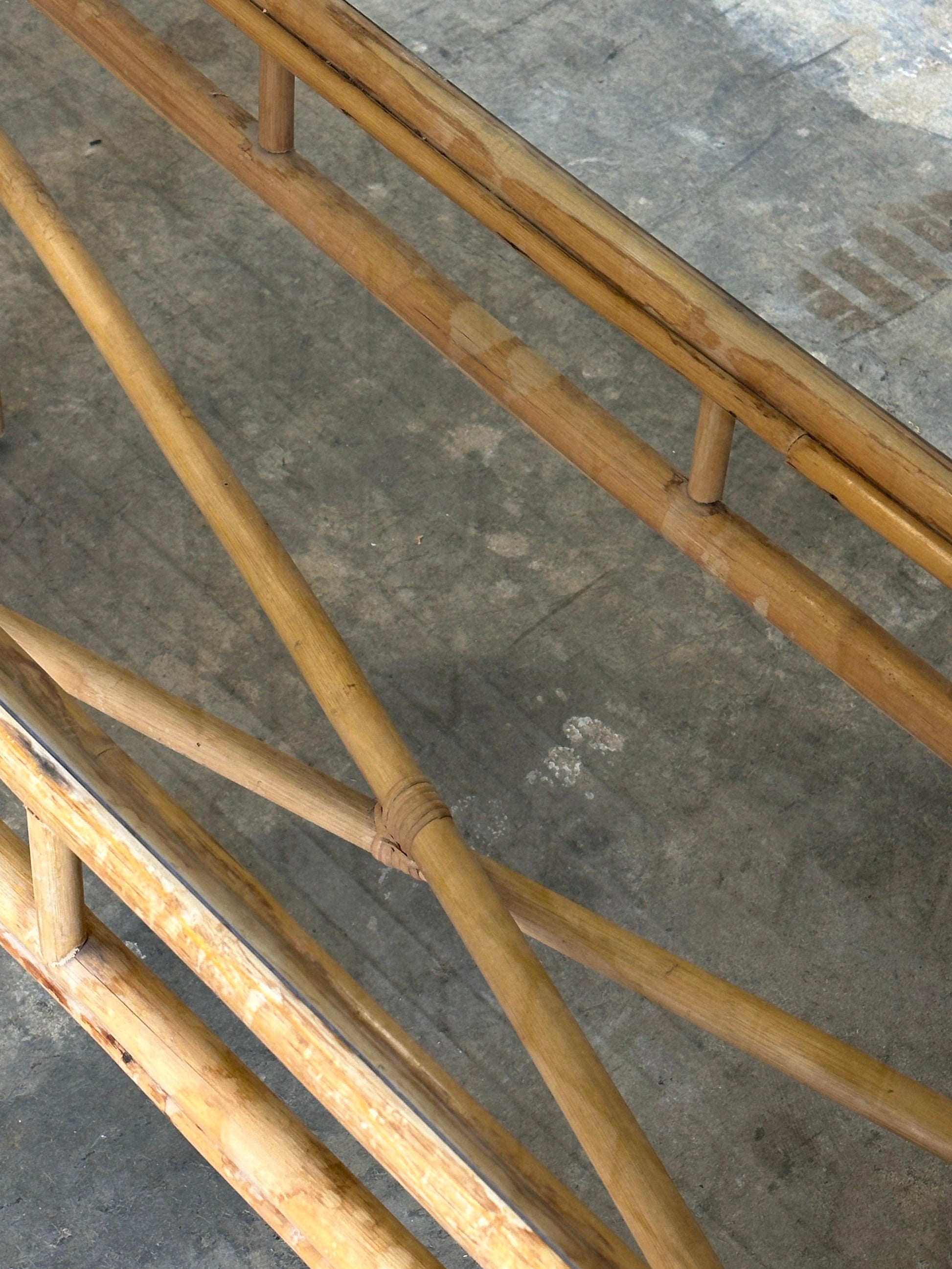 Frisman Vintage Vintage Coastal Bamboo, Cane, and Glass Top Console Table