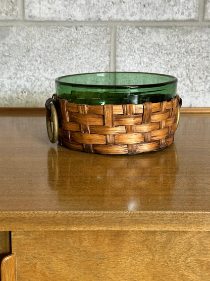 Frisman Vintage Sweden Green Glass and Wicker Large Bowl