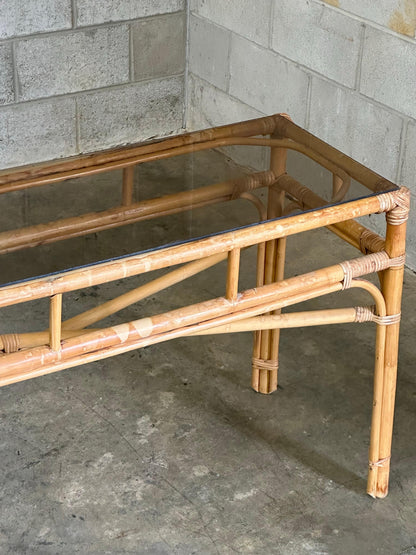 Frisman Vintage Vintage Coastal Bamboo, Cane, and Glass Top Console Table
