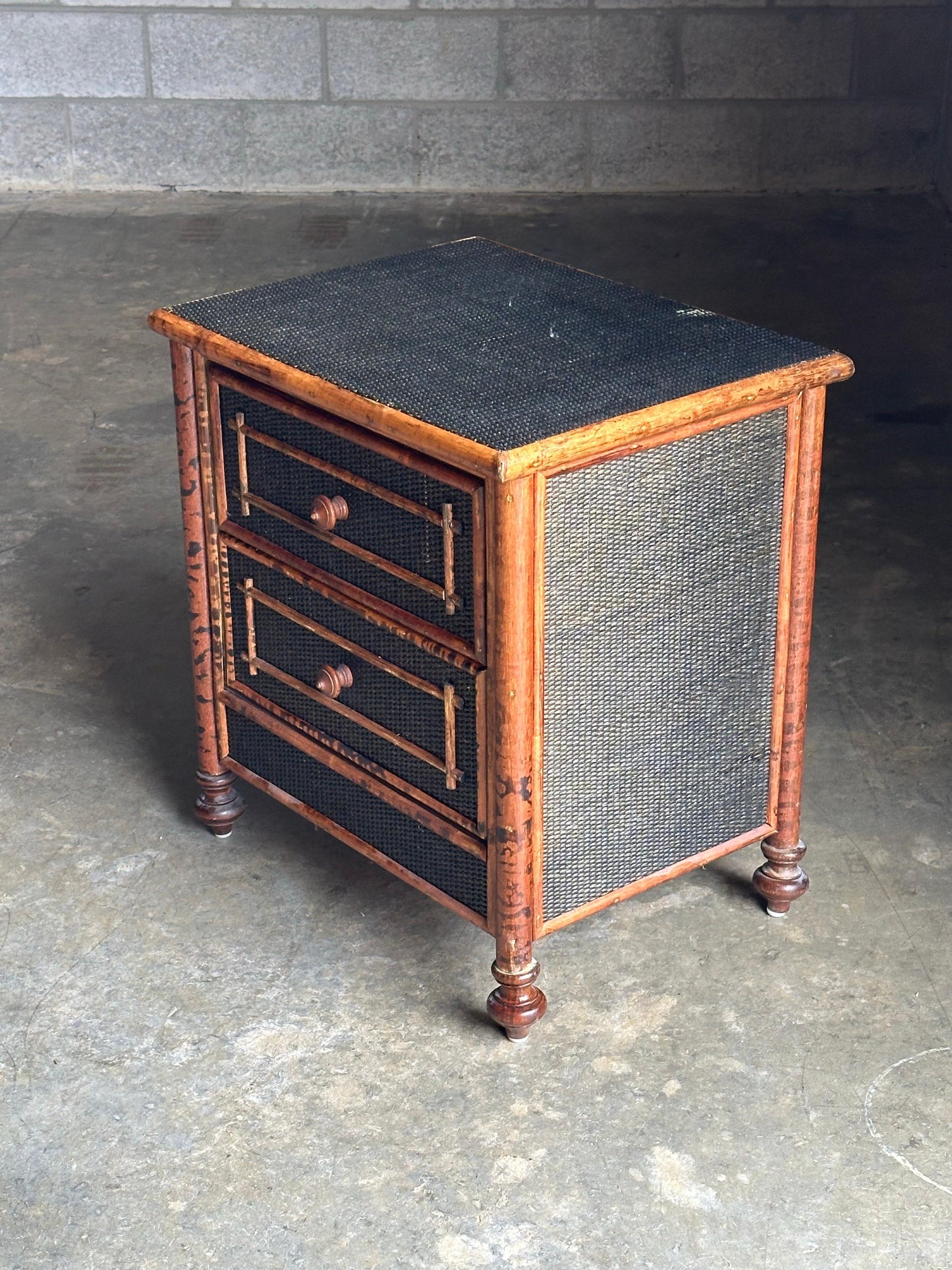 Frisman Vintage Vintage British Colonial Style Burnt Bamboo and Cane Nightstand