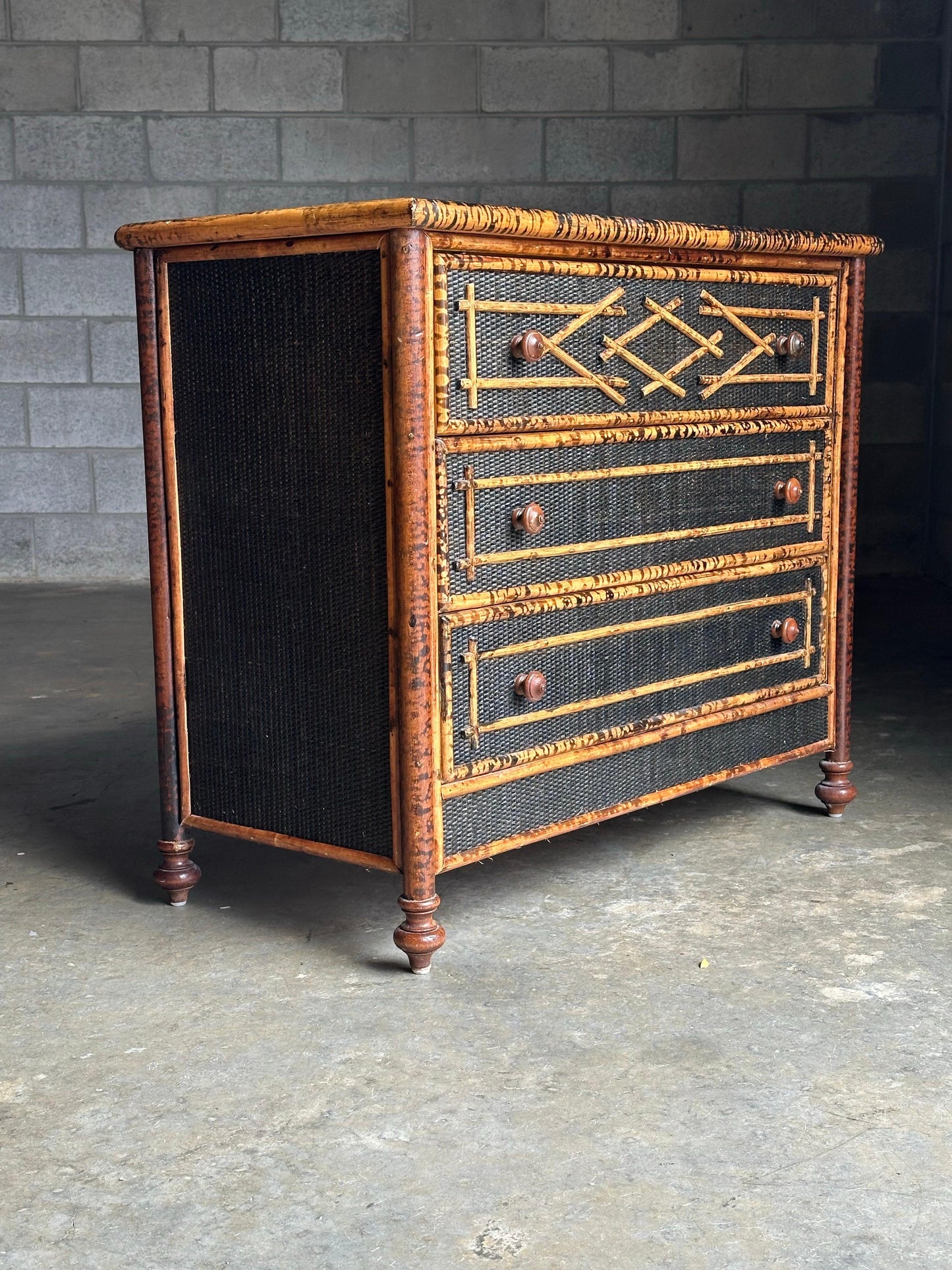 Frisman Vintage Vintage British Colonial Style Burnt Bamboo and Cane Dresser