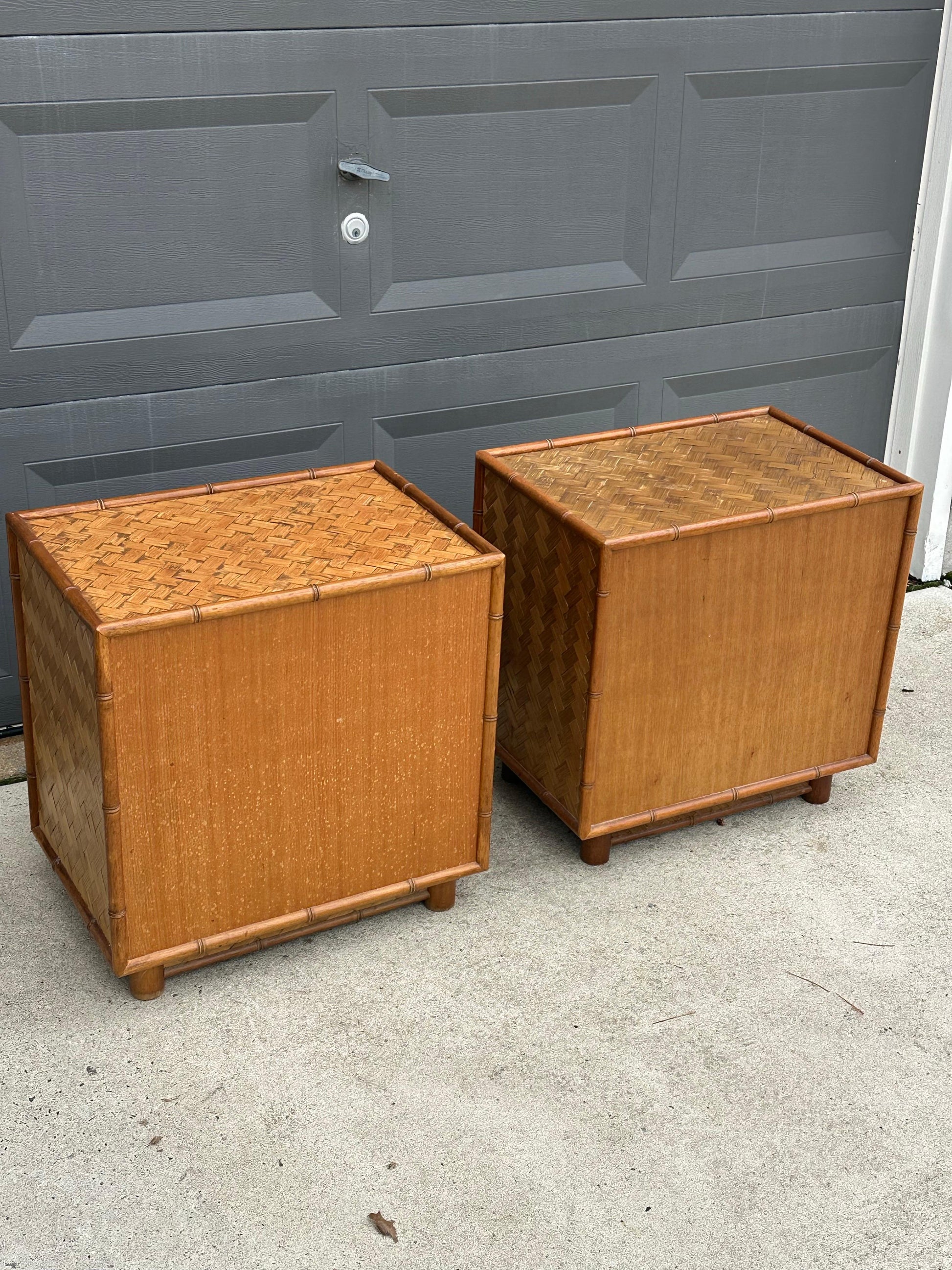 Frisman Vintage Faux Bamboo and Herringbone Cane Nightstands
