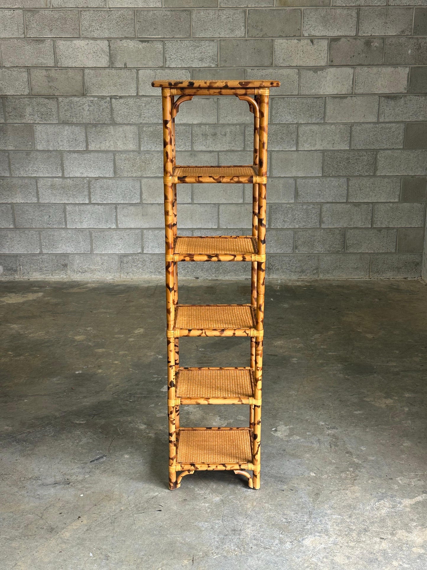 Frisman Vintage 1980s British Colonial Faux Bamboo and Cane Tall Shelf