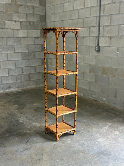 Frisman Vintage 1980s British Colonial Faux Bamboo and Cane Tall Shelf